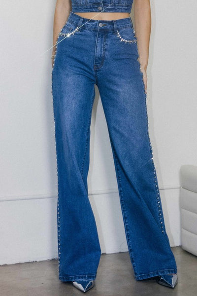 Rhinestone Detail High Rise Jeans