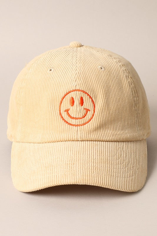 Corduroy Embroidered Happy Face Hat