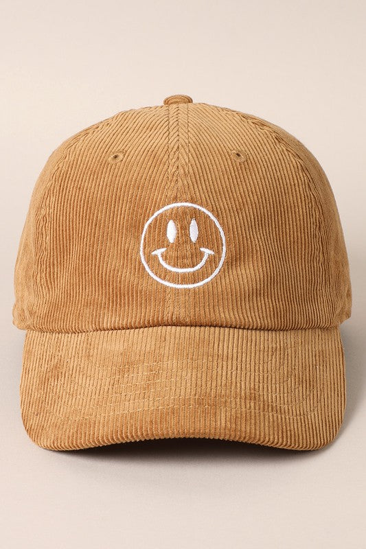 Corduroy Embroidered Happy Face Hat
