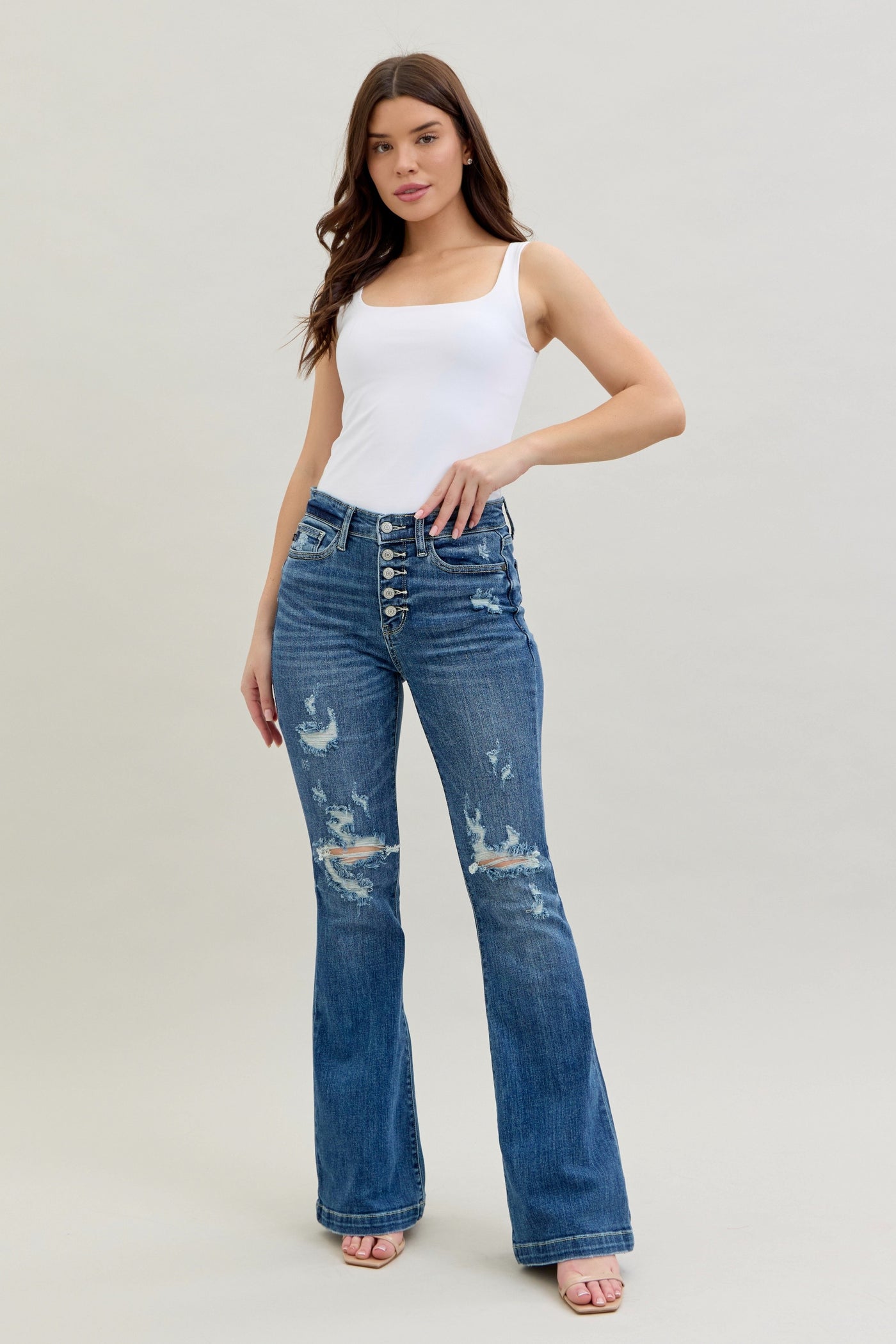 Judy Blue Midrise Button Down Destroyed Trouser Flare