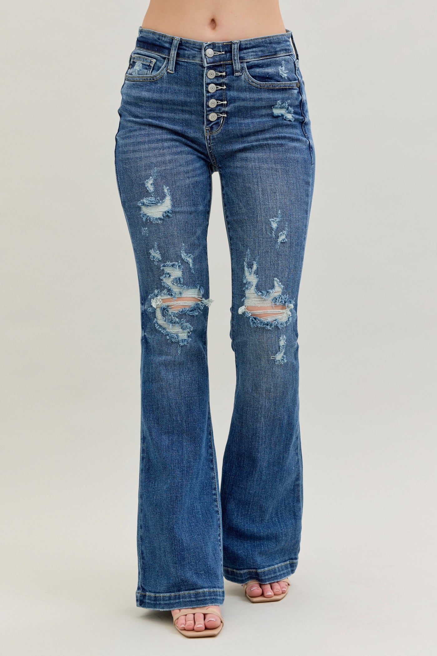 Judy Blue Midrise Button Down Destroyed Trouser Flare