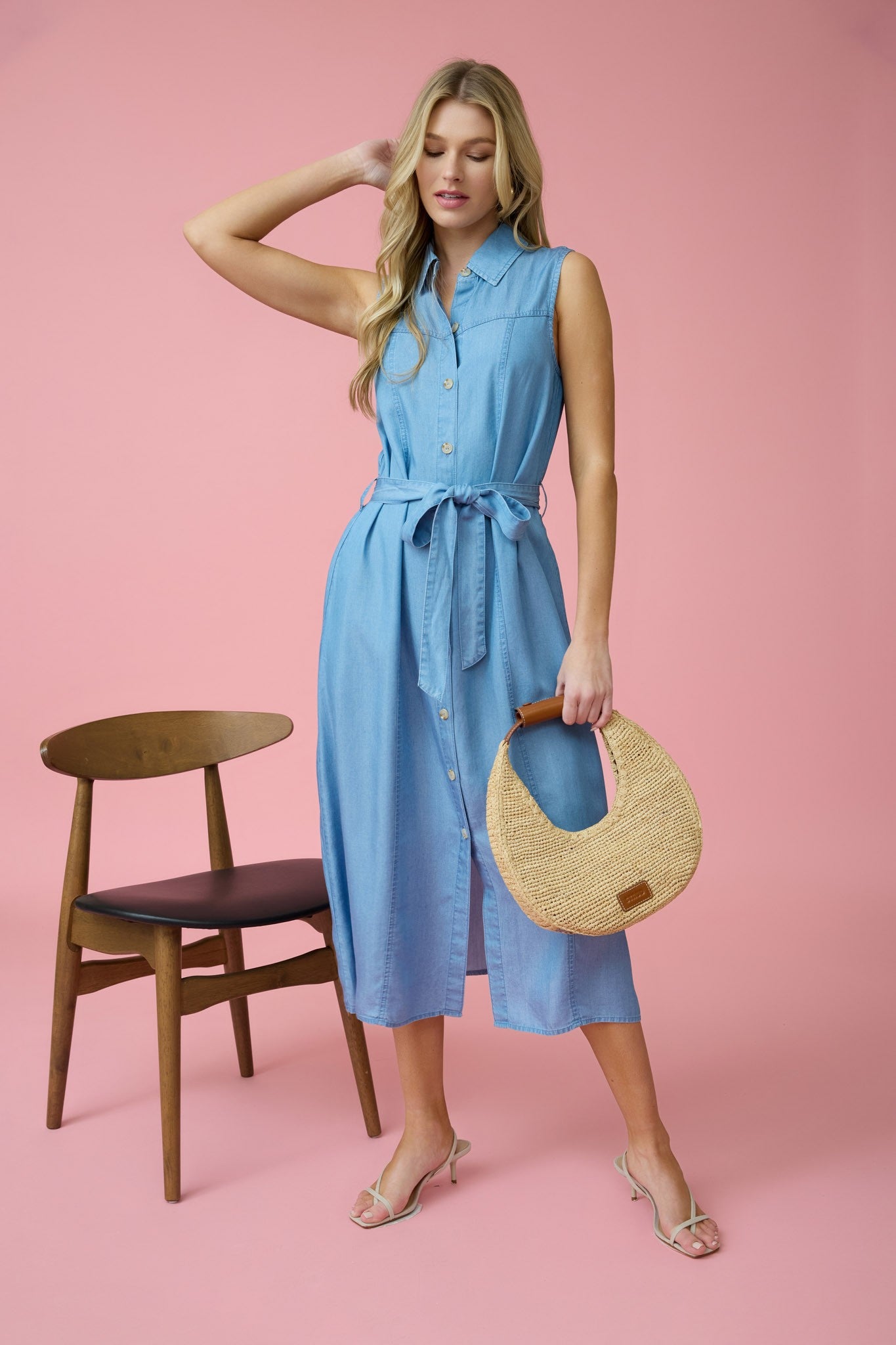 Belted Chambray Midi Dress