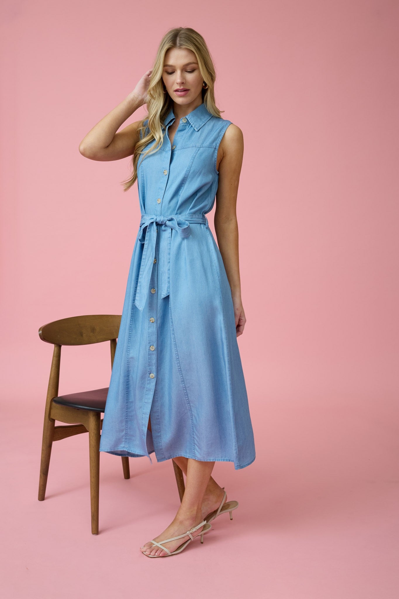 Belted Chambray Midi Dress