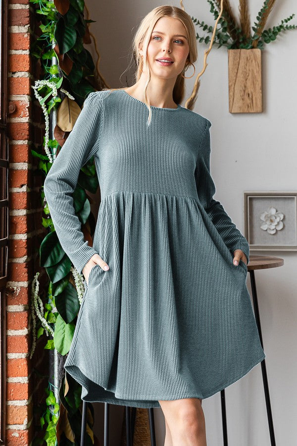 Long Sleeve Baby Doll Ribbed Dress