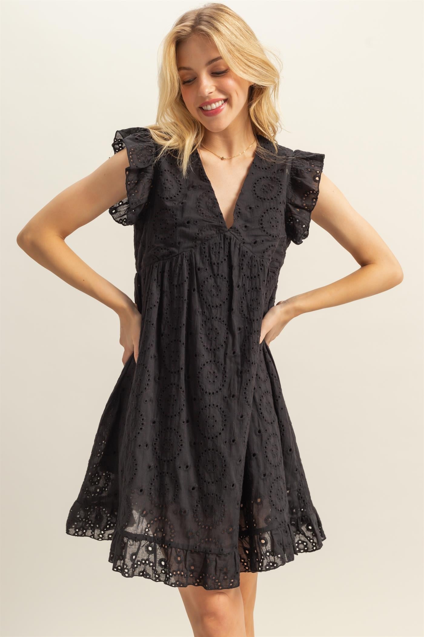 Flutter Sleeve Eyelet Mini Dress