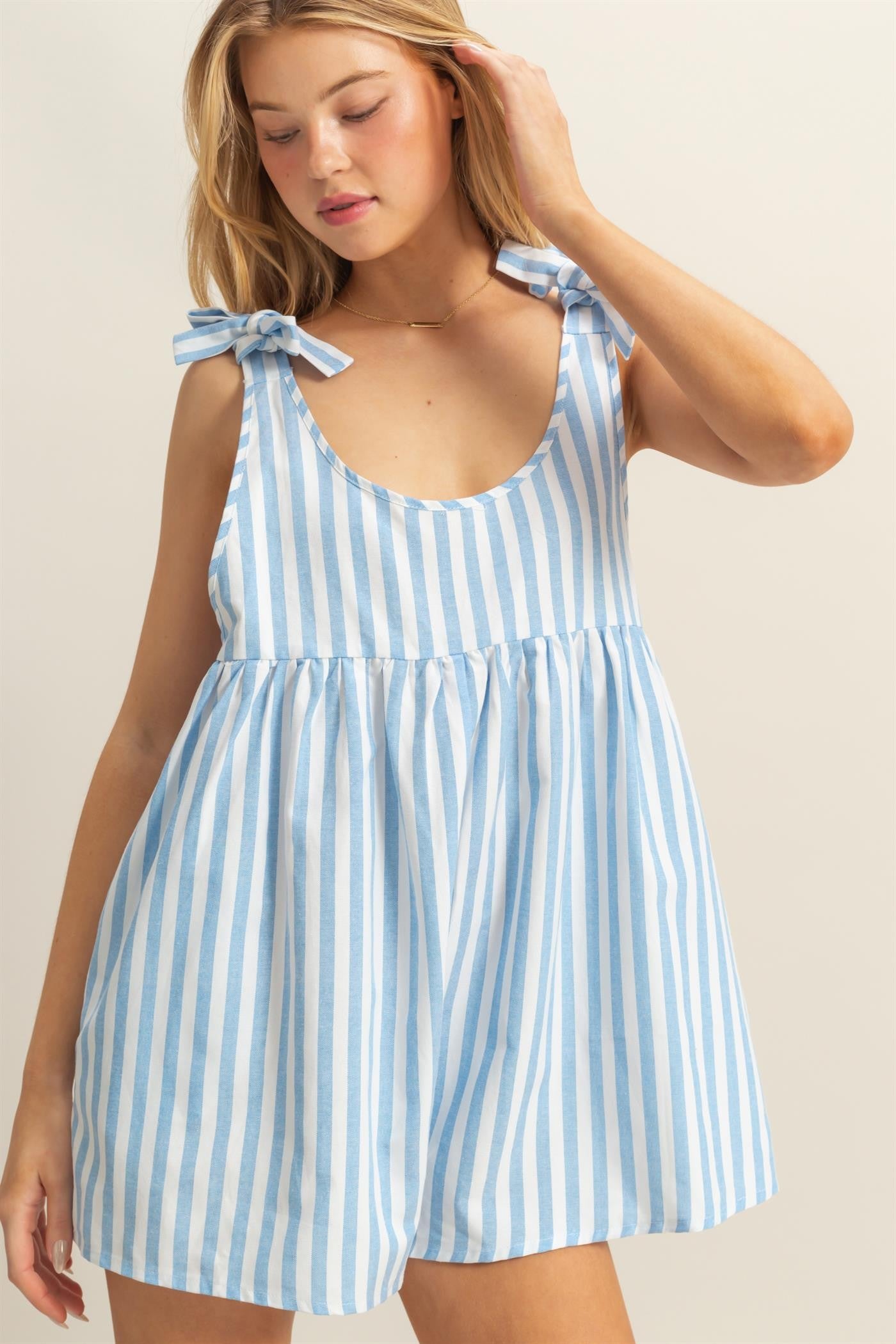 Striped Romper with Bow Accent Straps