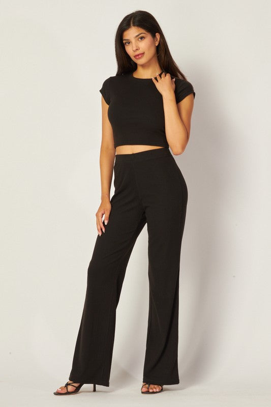 Ribbed Crop Tee and Wide Leg Pant Set