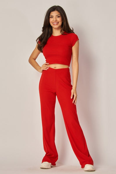 Ribbed Crop Tee and Wide Leg Pant Set