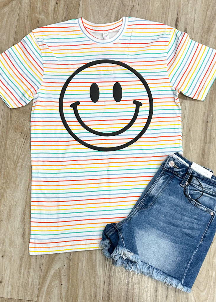 Happy Face Rainbow Striped Tee