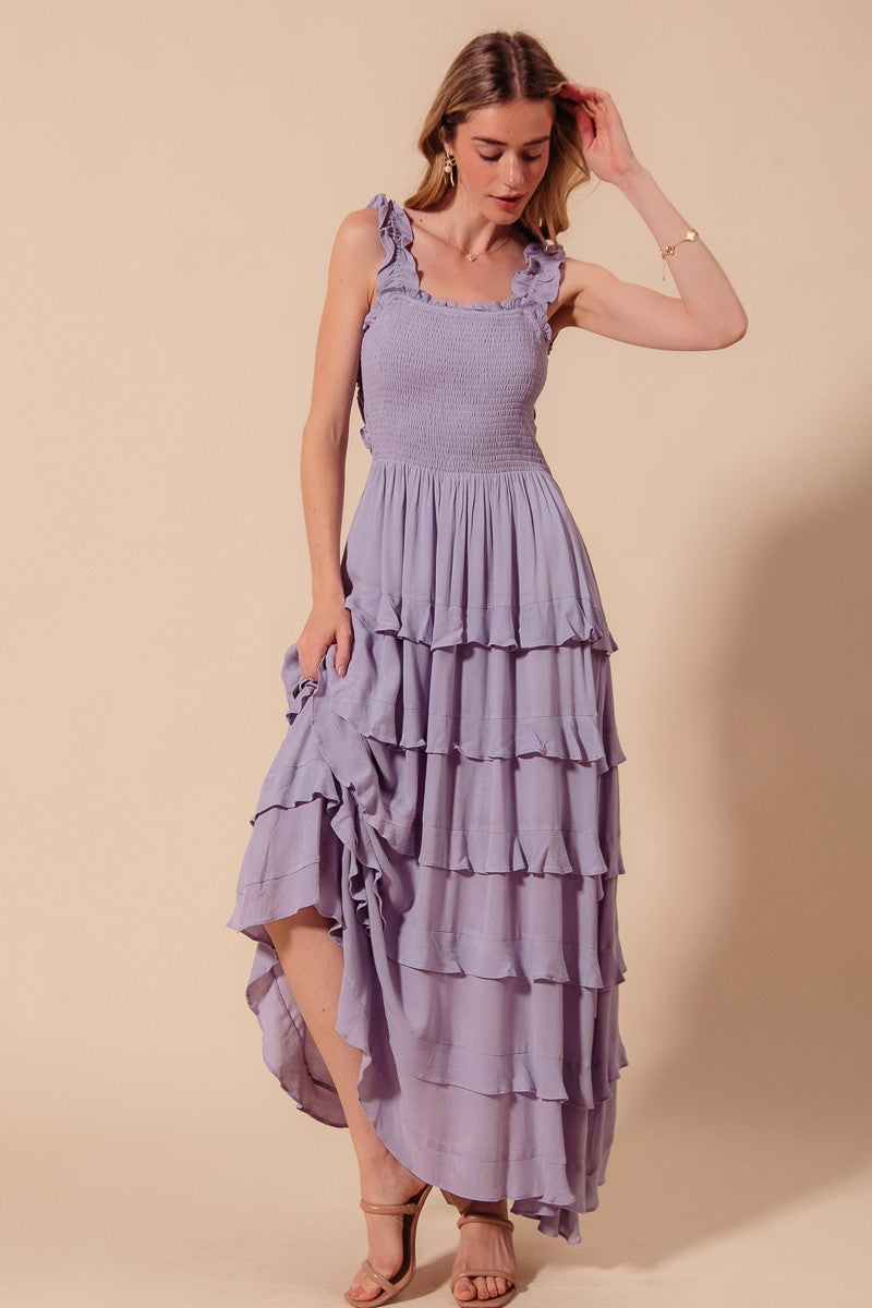 Smocked Ruffle Maxi Dress in Lavender