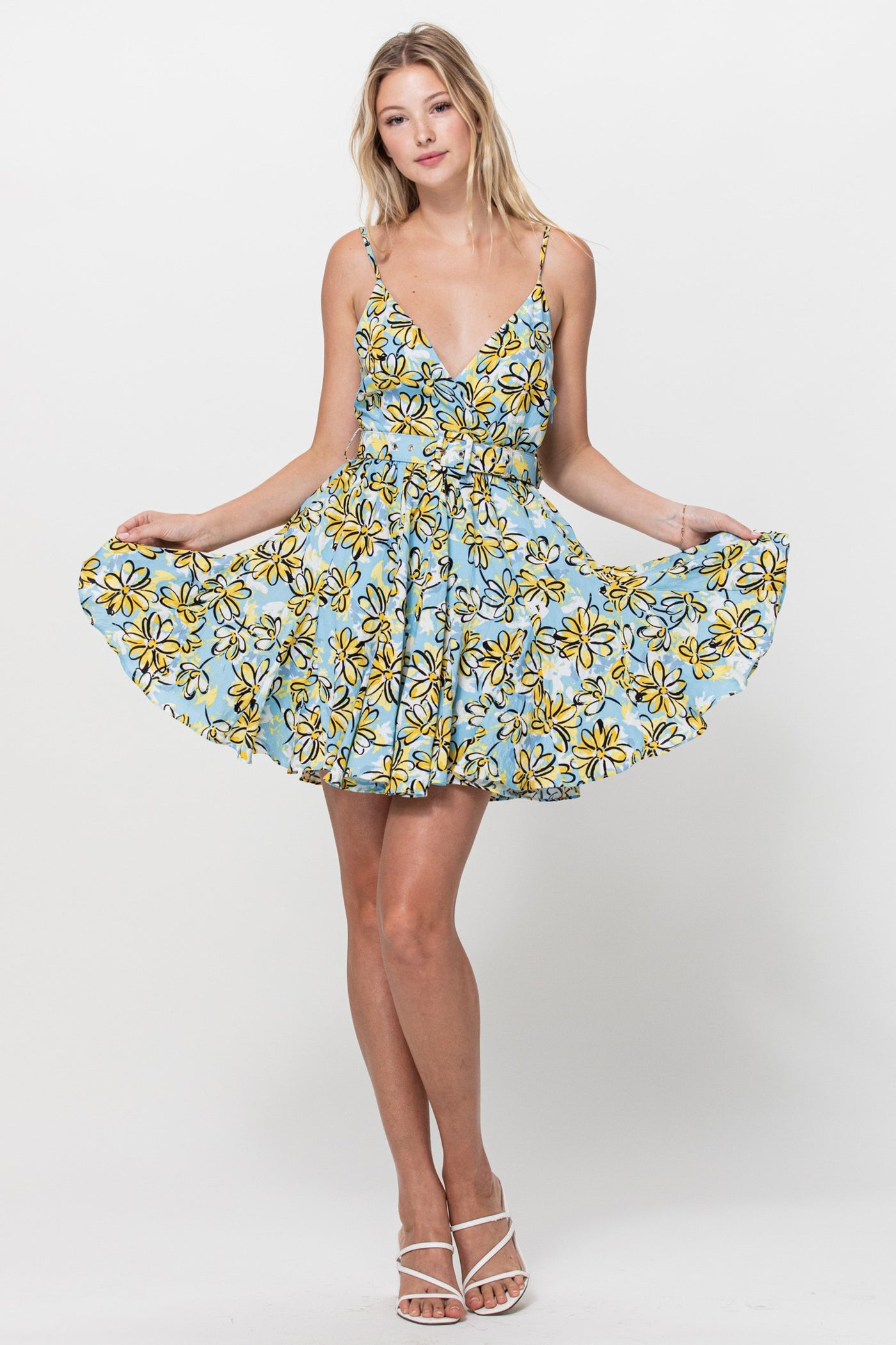 Floral Print Swing Dress in Sky Blue