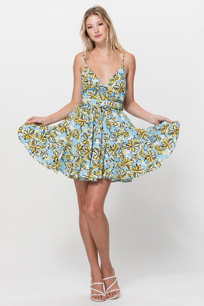 Floral Print Swing Dress in Sky Blue