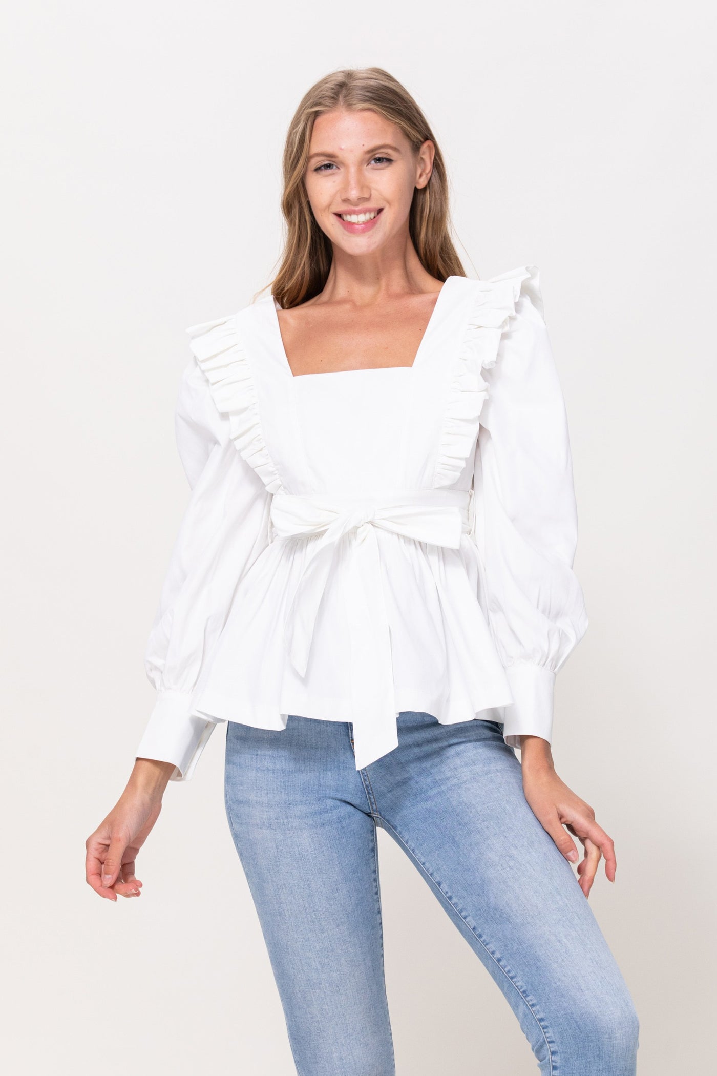 Long Sleeve Ruffle Detail Top in Off White