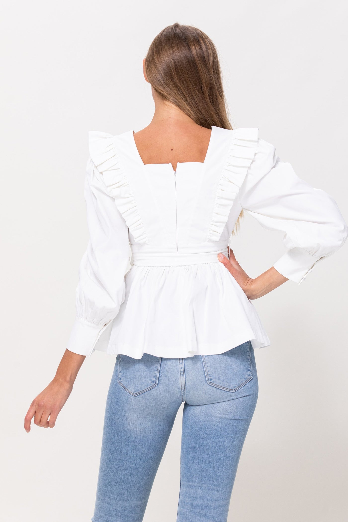 Long Sleeve Ruffle Detail Top in Off White