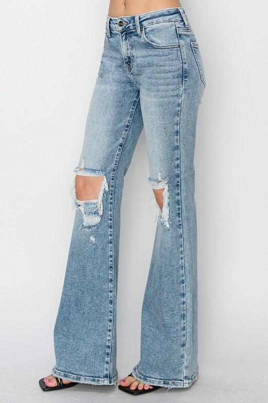 Risen Mid Rise Flare Distressed Jeans