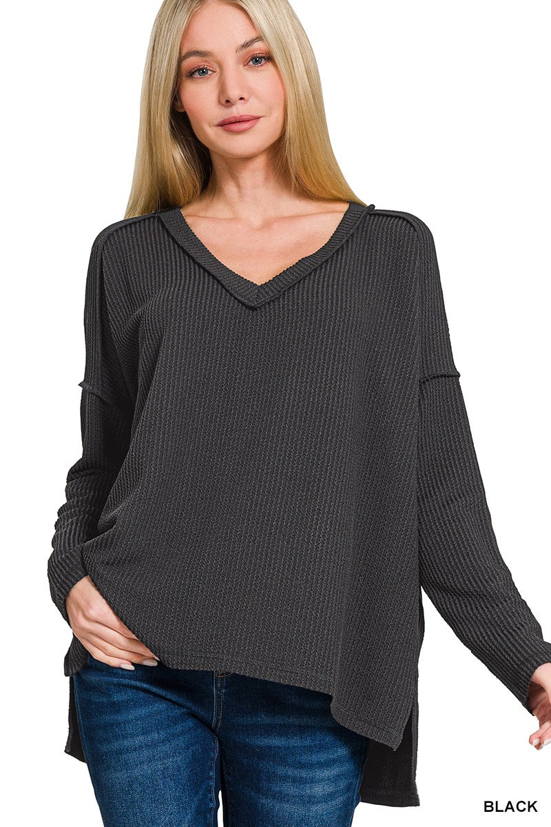 Ribbed Long Sleeve V Neck Top