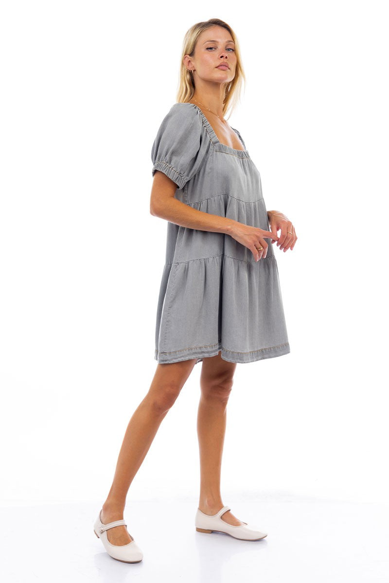 Grey Denim Tiered Mini Dress