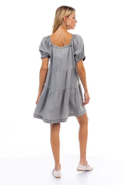 Grey Denim Tiered Mini Dress