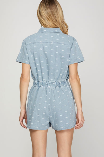 Denim Bow Printed Romper
