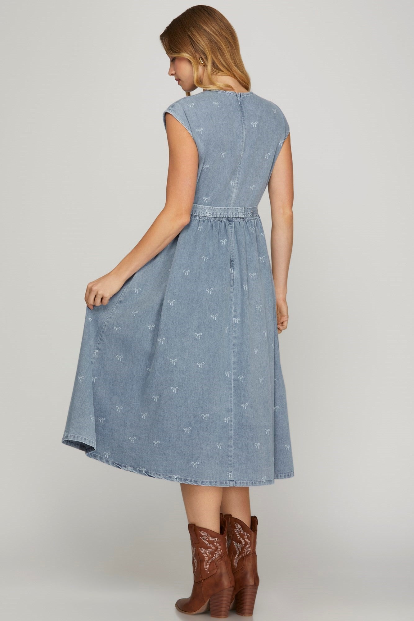 Cap Sleeve Bow Print Midi Dress