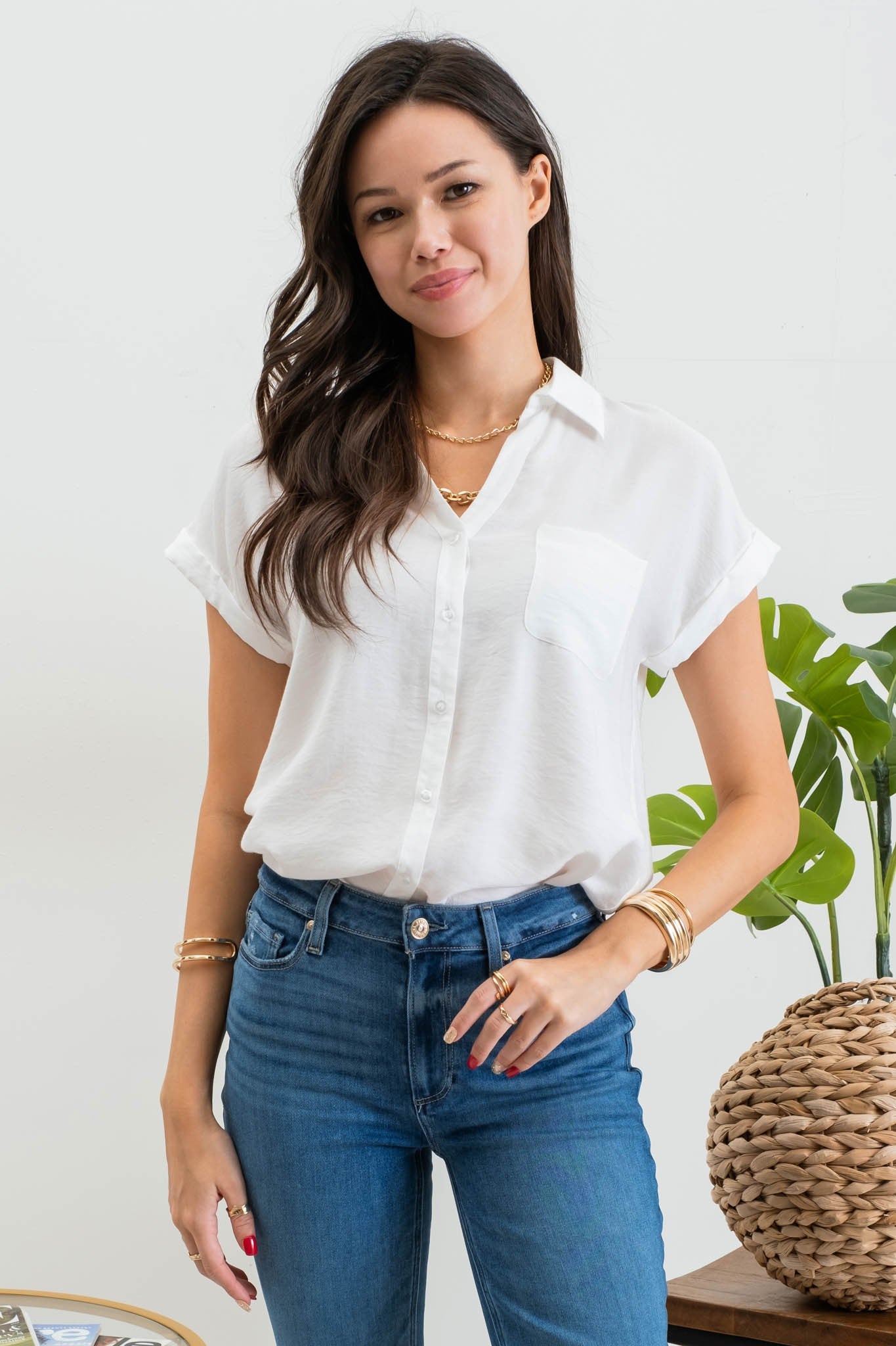 Short Sleeve Button Down Shirt in White