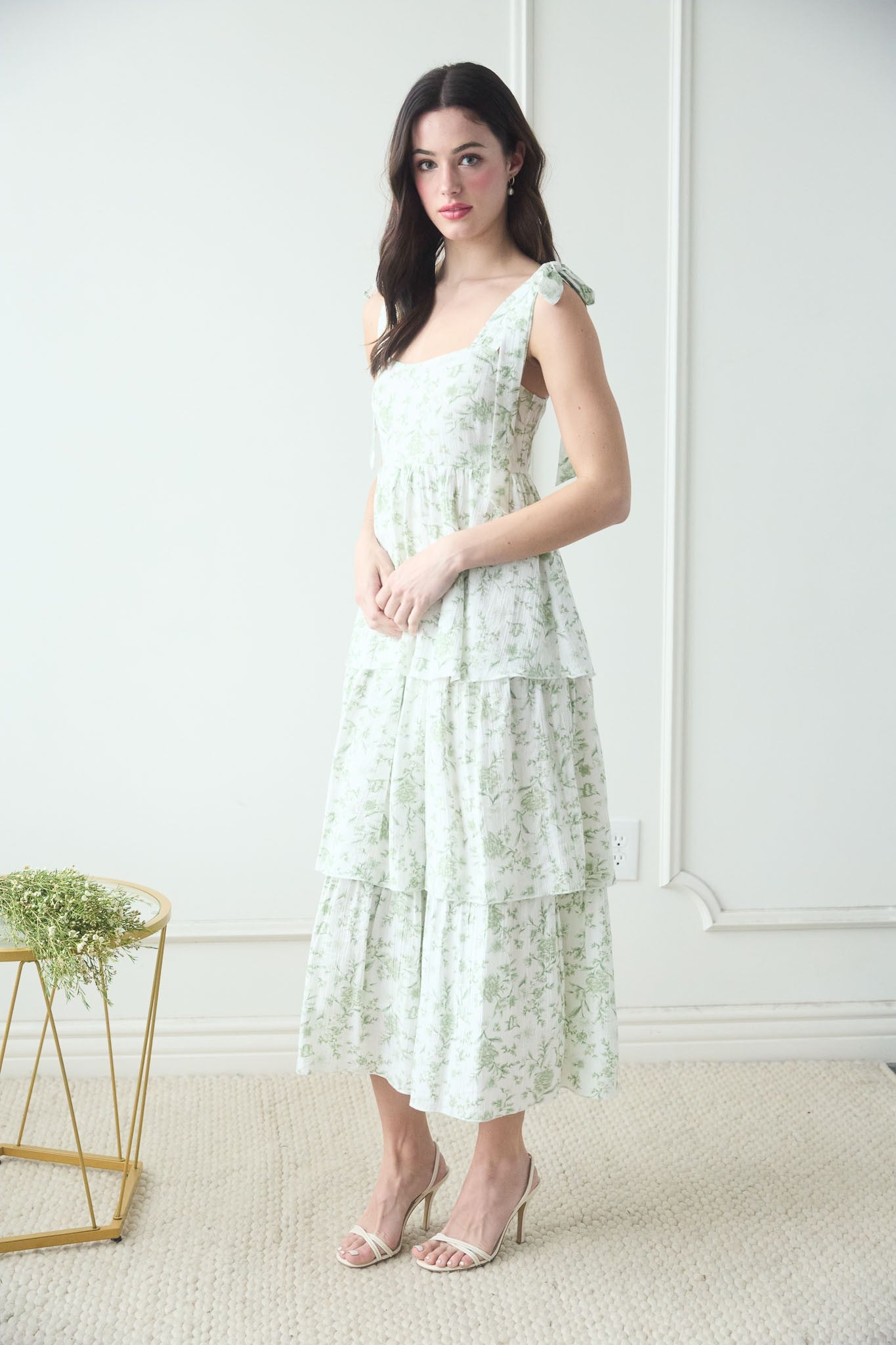 Floral Tie Strap Ruffle Midi Dress