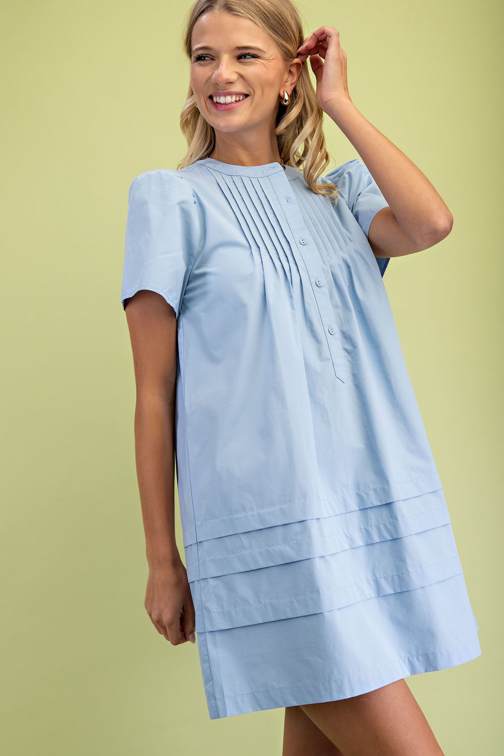 Pleated Puff Sleeve Mini Dress in Spring Blue