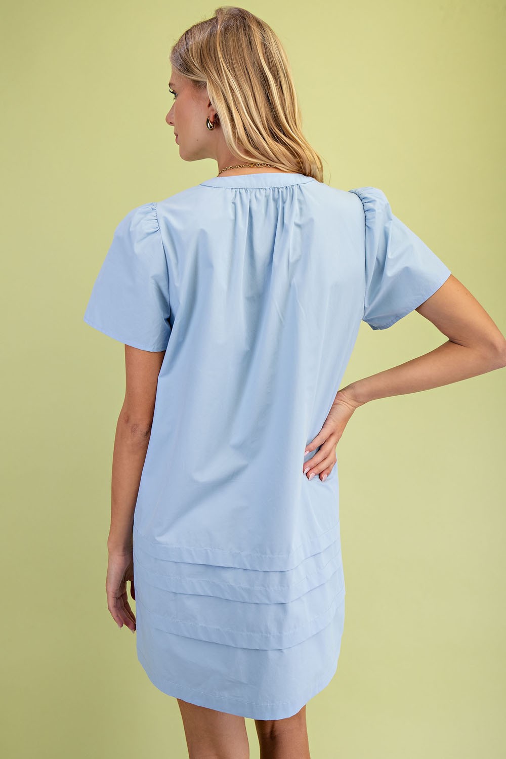 Pleated Puff Sleeve Mini Dress in Spring Blue
