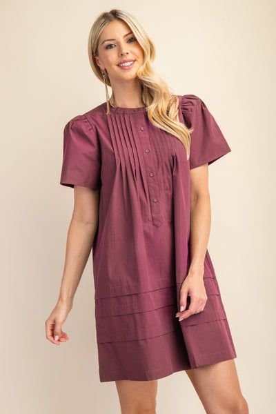 Pleated Puff Sleeve Mini Dress in Maroon