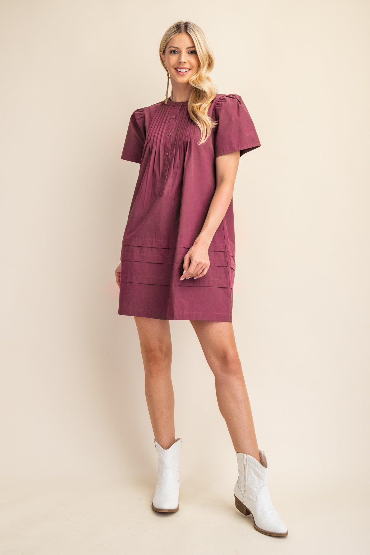 Pleated Puff Sleeve Mini Dress in Maroon