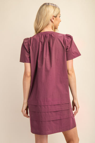 Pleated Puff Sleeve Mini Dress in Maroon