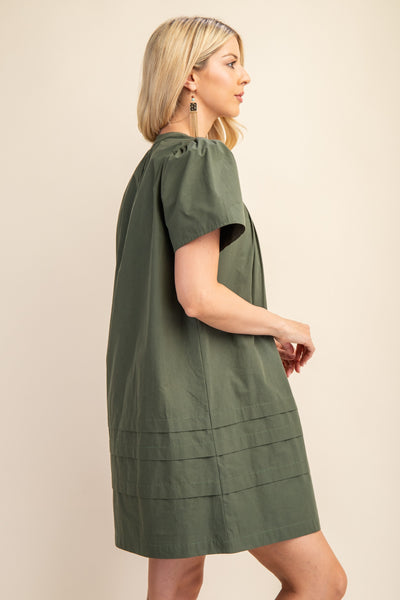 Pleated Puff Sleeve Mini Dress in Olive